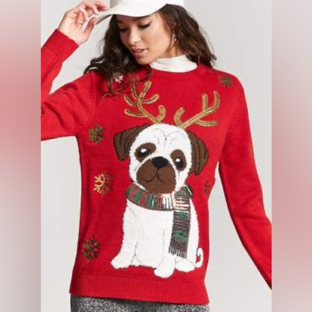 Large Forever 21 Holiday Christmas Red Seasonal Knit Women’s Sweater Puppy Dog L